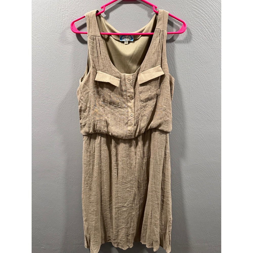 J. Gee Womens Tan Crinkle Sleeveless Button Front Utility Mini Dress Large